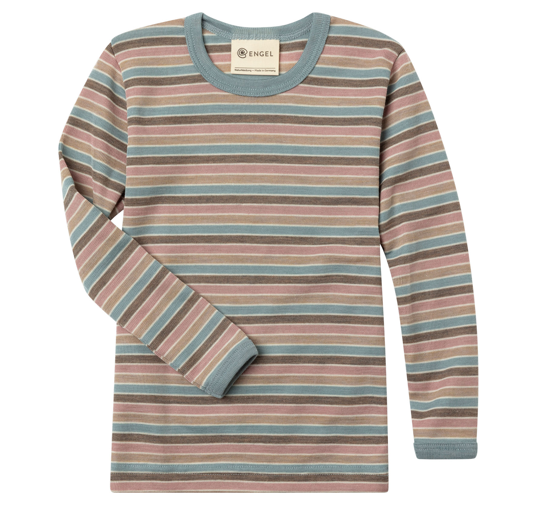 Feinripp-Kinder-T-Shirt aus Schurwolle von Merinoschafen und Seide in pastellfarbenem Ringelmuster.