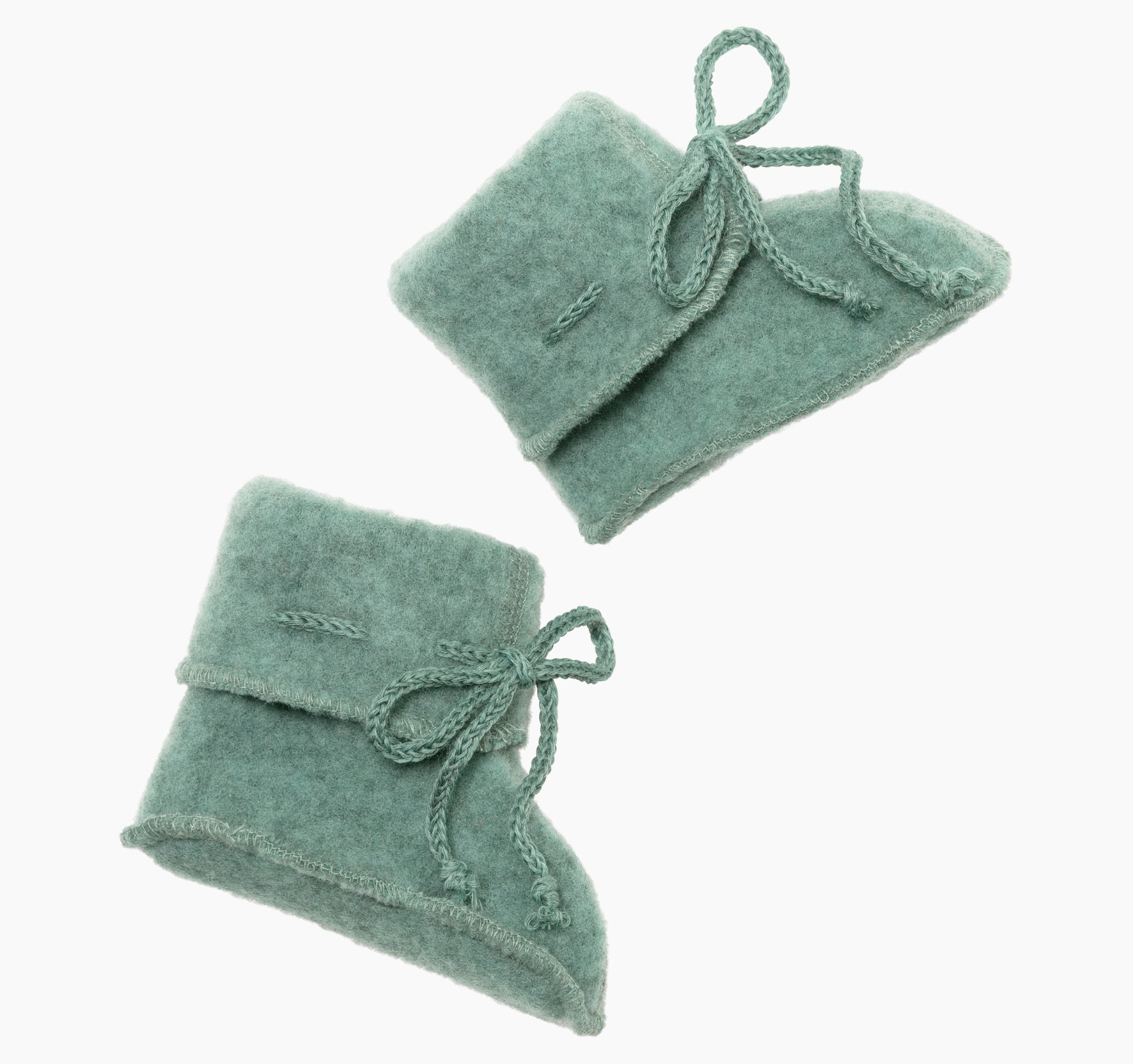 Weiche Baby-Schühchen von Engel aus Fleece in der Farbe Jade Melange aus  100 % Merinoschurwolle mit umgeschlagenem Rand und Schnürung mit Schlaufe vorne