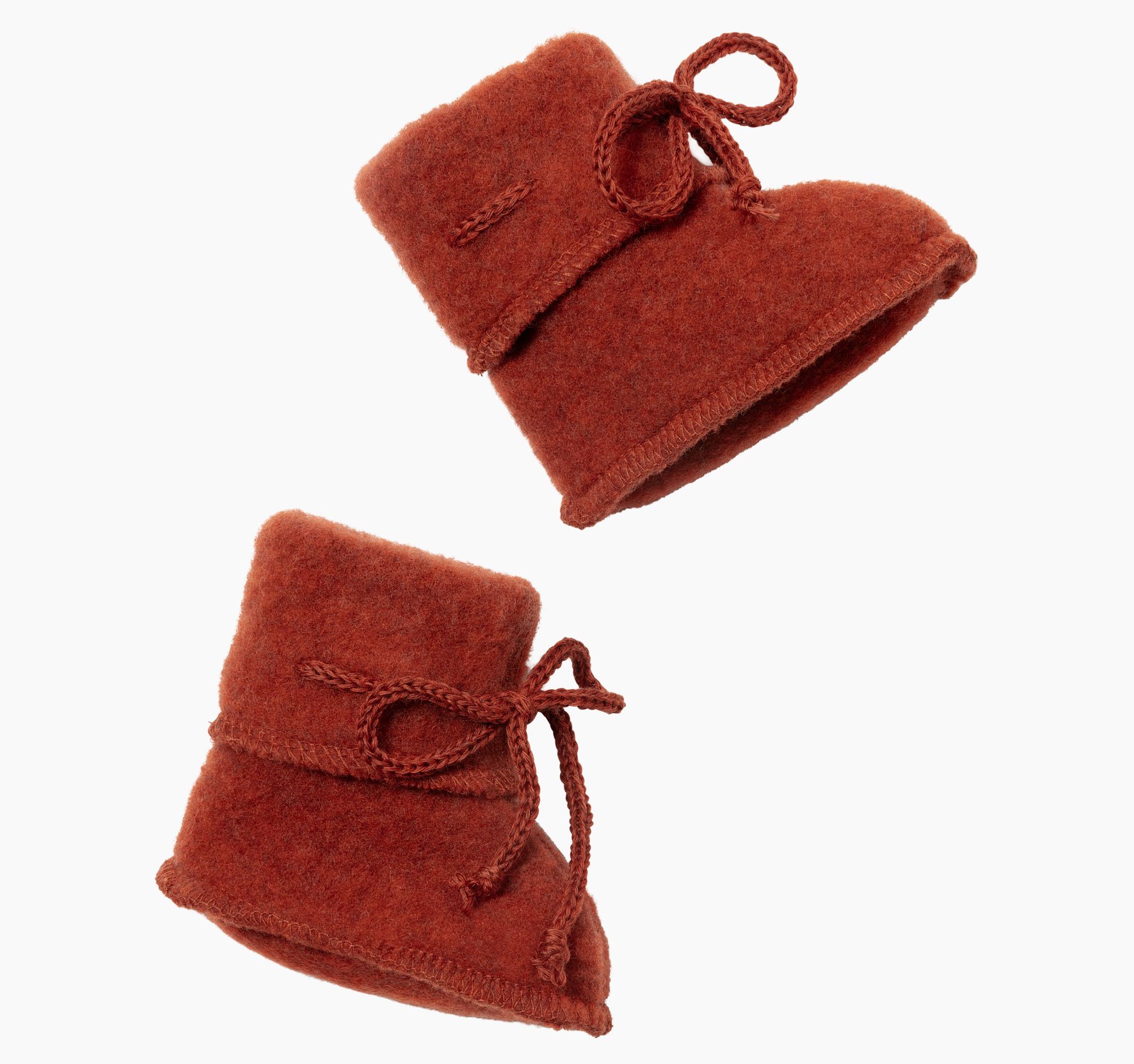 Soft baby booties by Engel made from fleece in the color magma melange, crafted from 100% virgin merino wool, featuring a folded cuff and front lacing with a loop