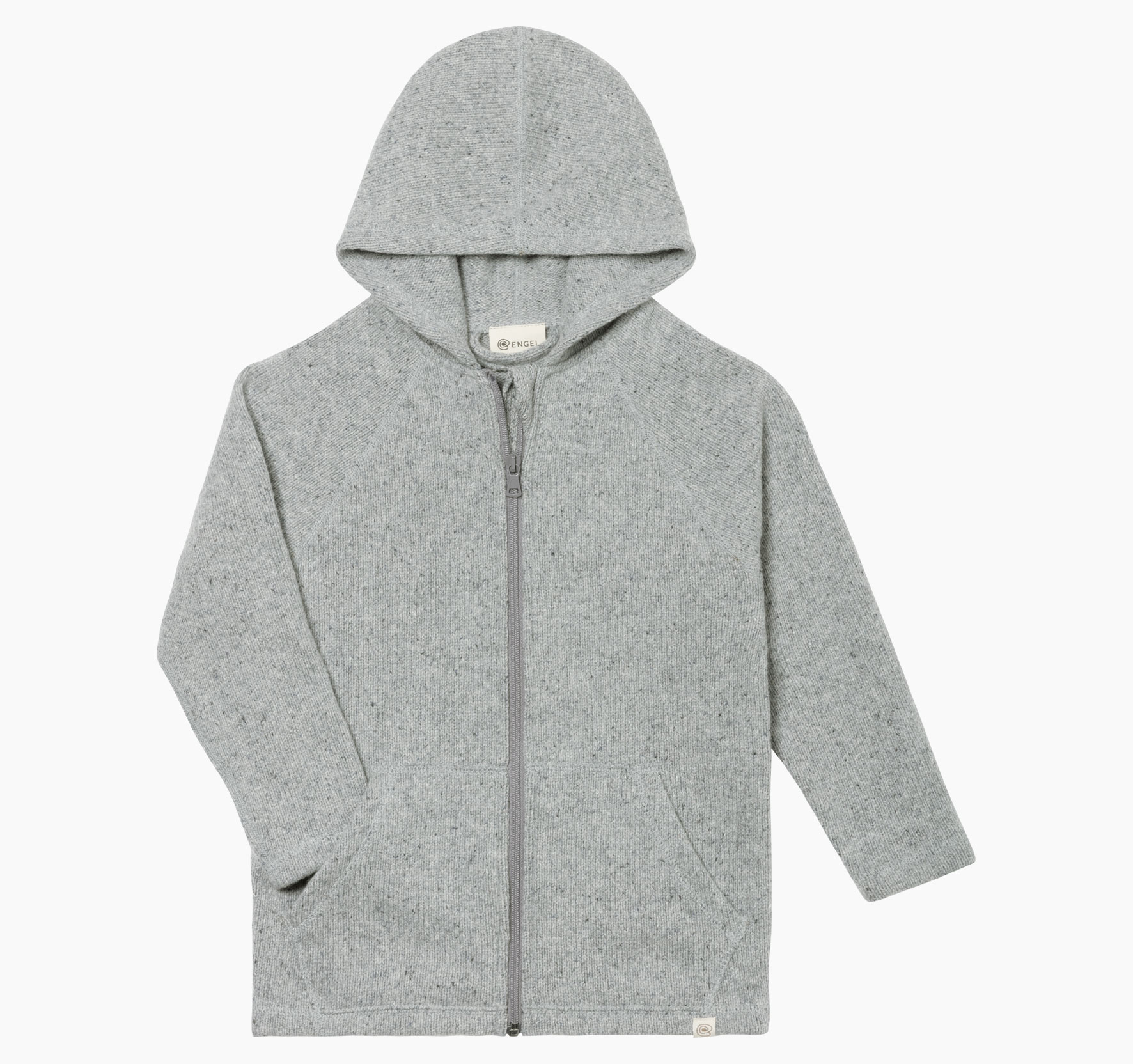 Children's jacket made from recycled wool and silk yarn, featuring a hood, a zipper, and two pockets.