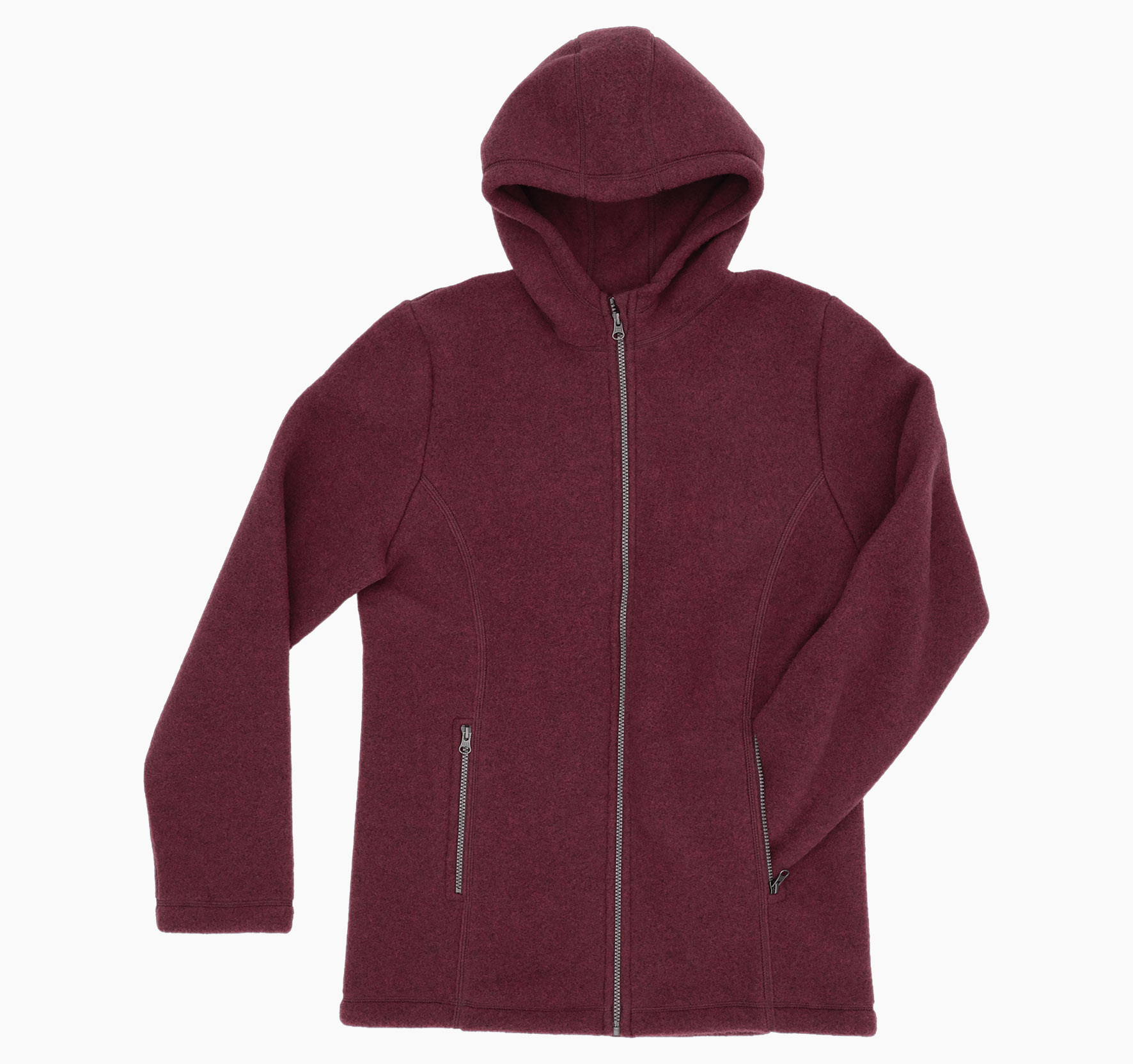 Fitted men's hooded fleece jacket made of 100% virgin merino wool, featuring a full-length zipper and two side pockets.