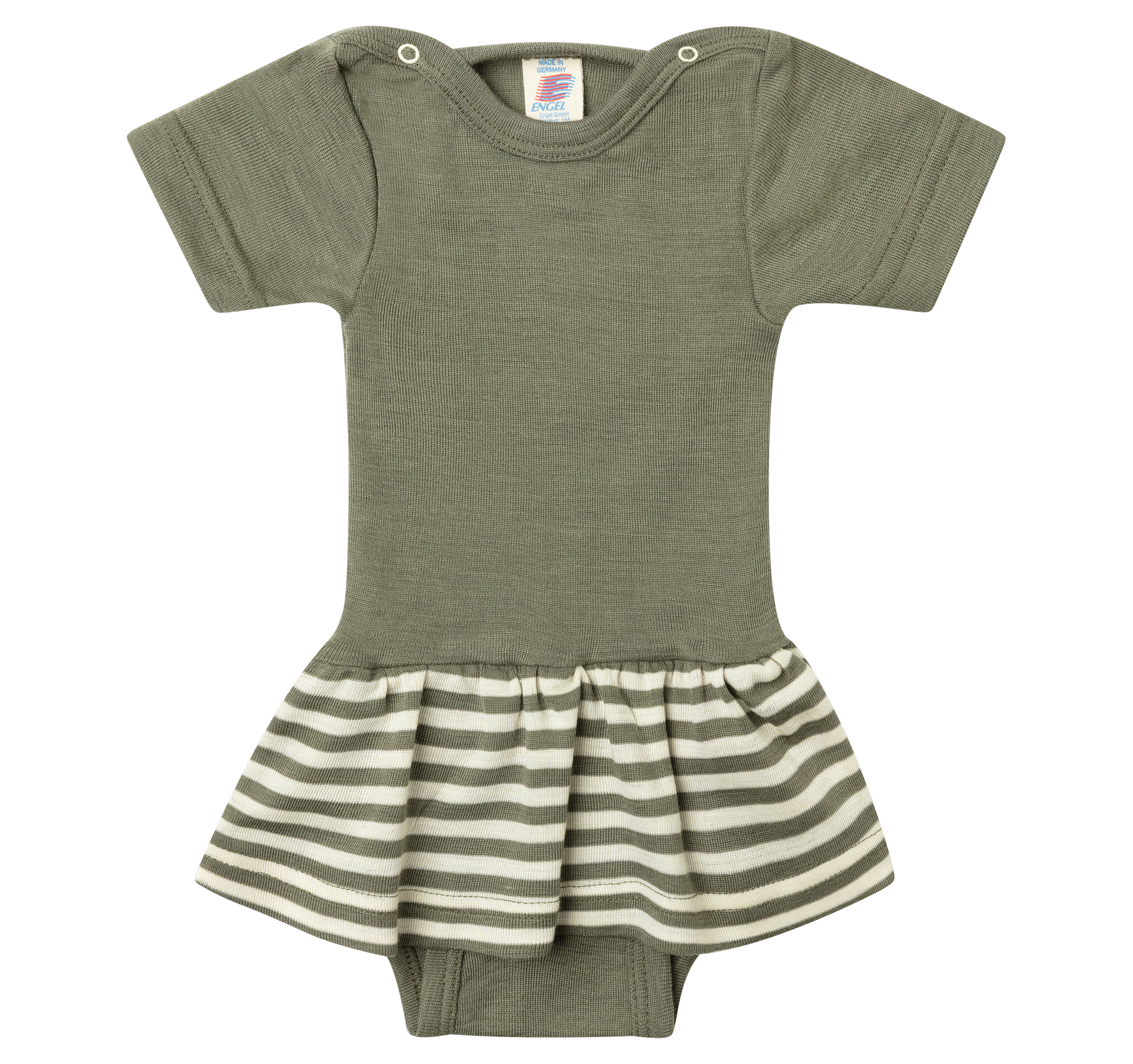 Olivefarbener Baby Body kurzarm mit angesetztem Rock mit olive-braunen Streifen aus Wolle Seide von Engel.