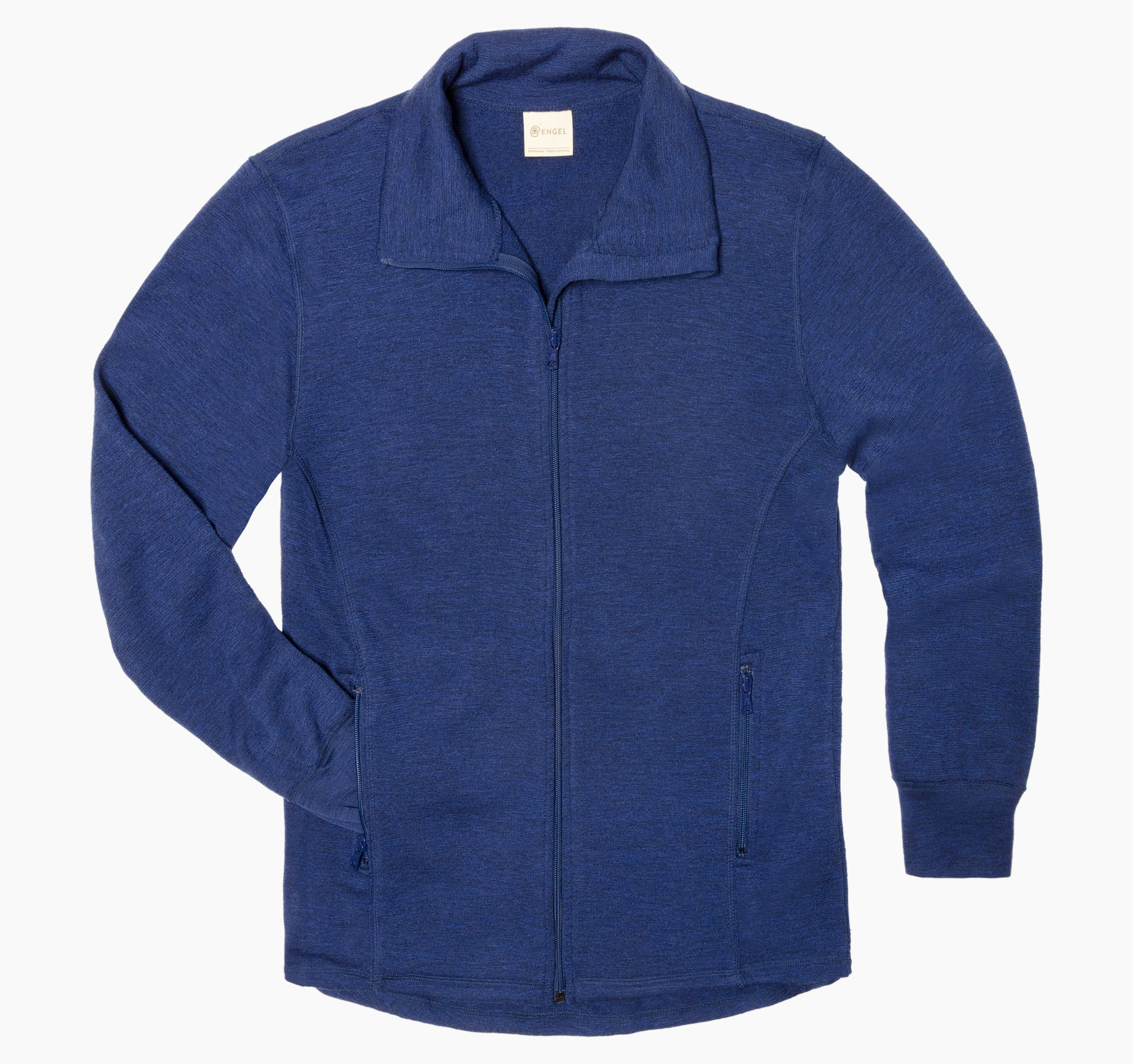 Herrenjacke aus 100 % Merinowolle von Engel in Enzian Melange, Frottee-Material, mit durchgehendem Reißverschluss und zwei Reißverschlusstaschen