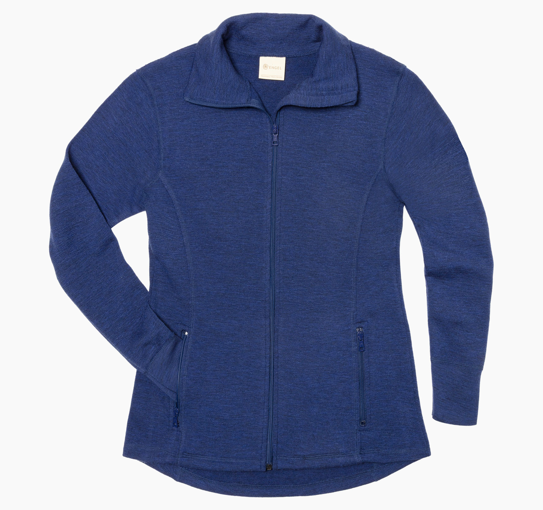 Herrenjacke aus 100 % Merinowolle von Engel in Enzian Melange, Frottee-Material, mit durchgehendem Reißverschluss und zwei Reißverschlusstaschen