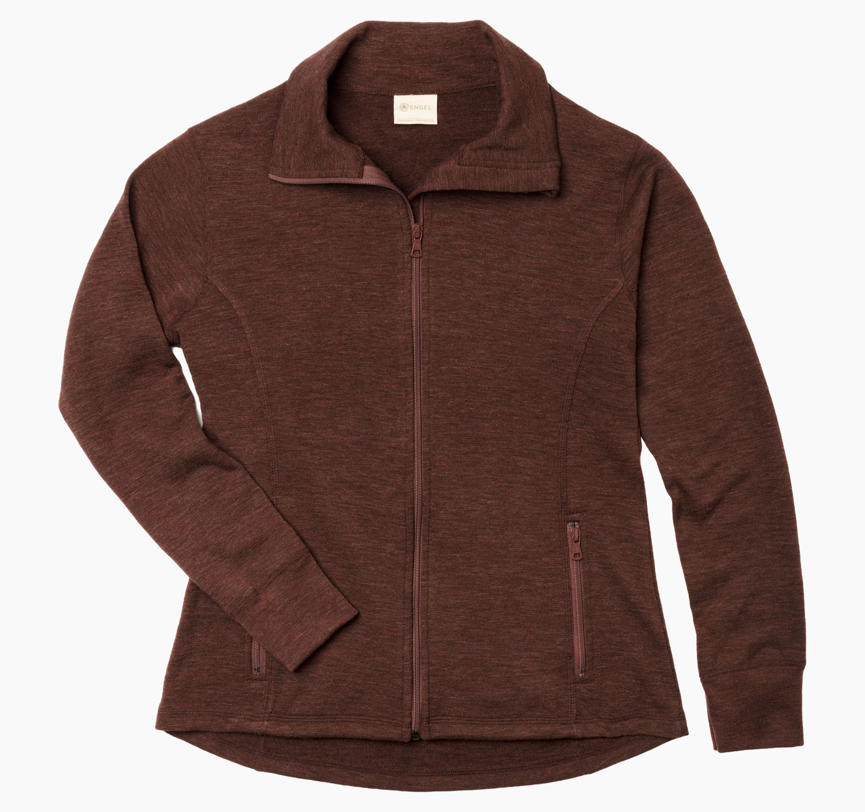 Women's terry cloth jacket made from 100% virgin merino wool, featuring a full-length zipper and two zippered pockets.