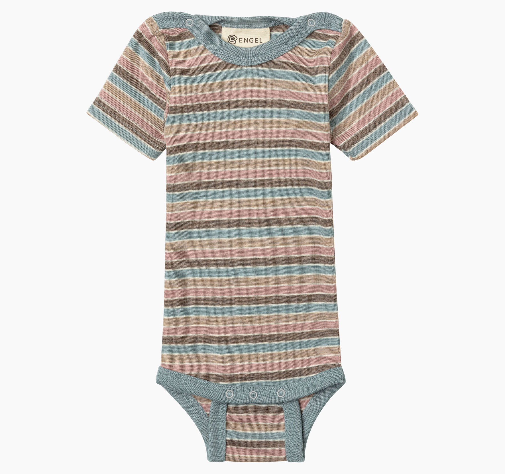Feinripp Baby-Kurzarmbody aus Schurwolle von Merinoschafen mit Druckknöpfen an den Schultern in buntem Ringelmuster.