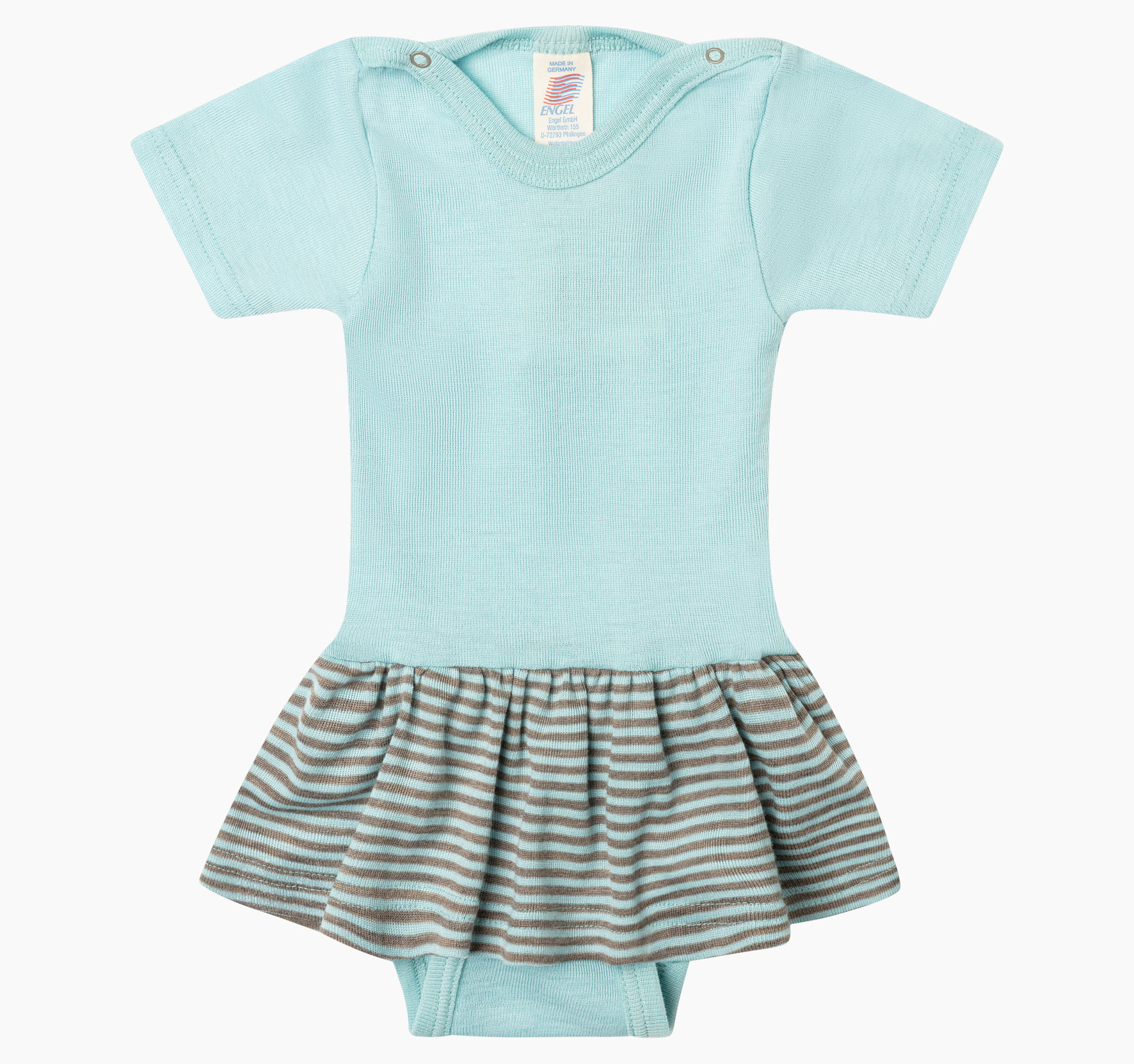 Hellblauer Baby Body kurzarm mit angesetztem Rock mit hellblau-braunen Streifen aus Wolle Seide von Engel.