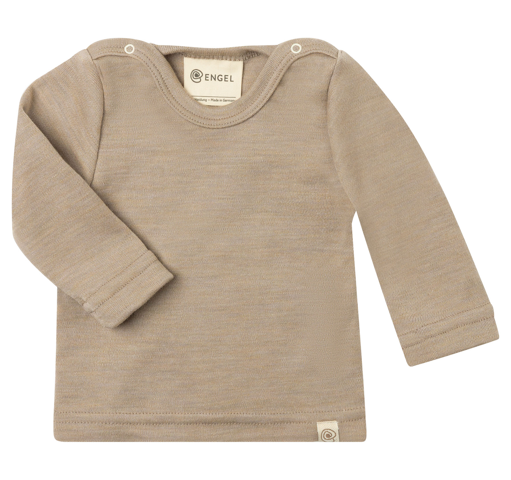 Baby long-sleeve shirt made of wool/silk interlock with snap buttons on the shoulders and an Engel logo on the hem.