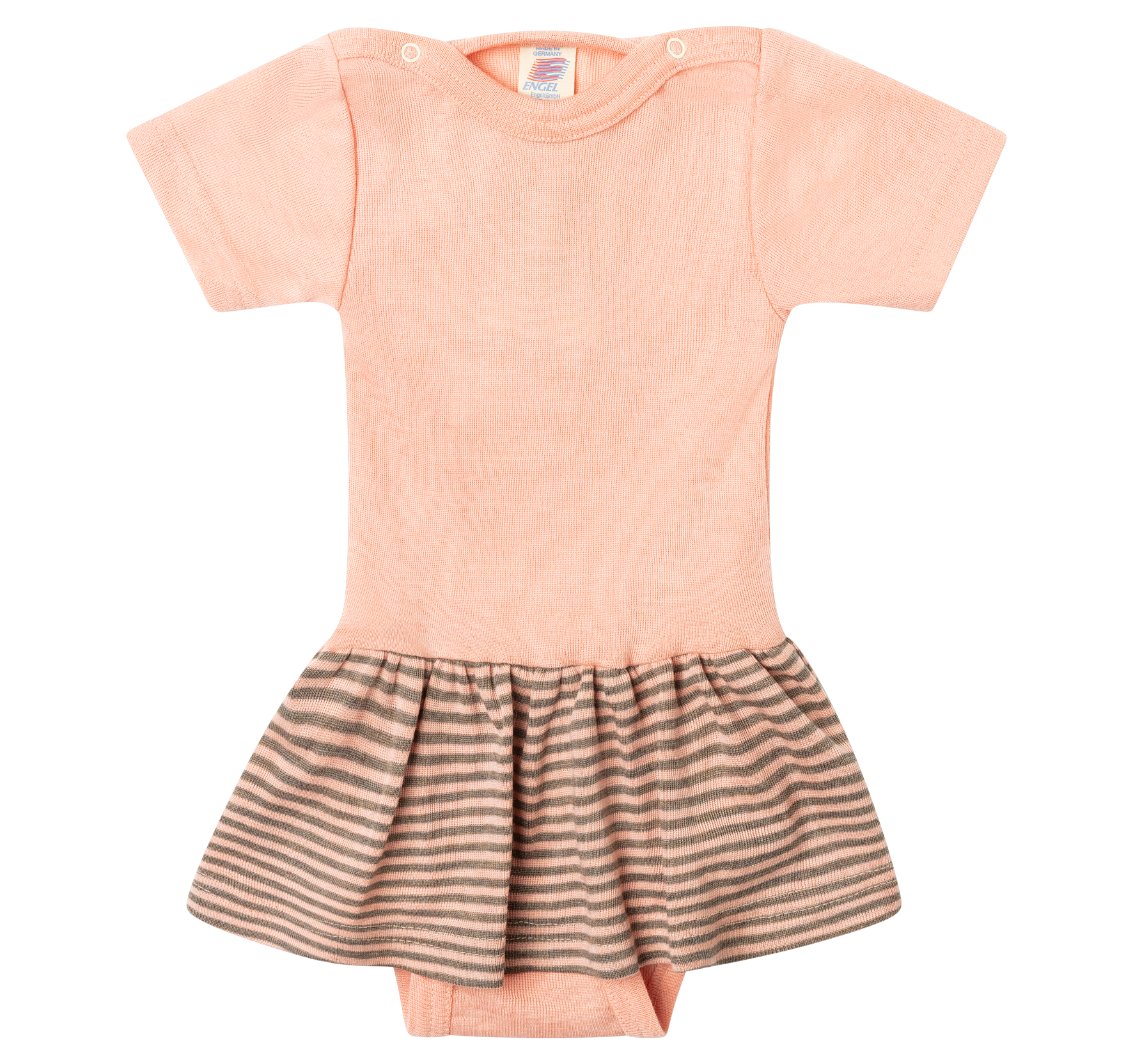 Salmon-colored short-sleeve baby body&nbsp;with attached striped skirt in salmon and brown, wool silk blend from Engel.