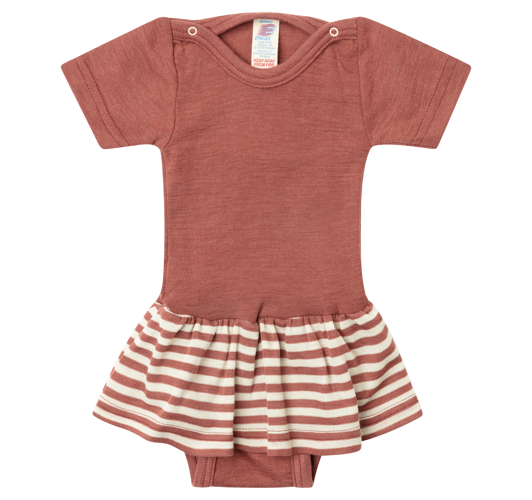 Kupferfarbener Baby Body kurzarm mit angesetztem Rock mit kupfer-braunen Streifen aus Wolle Seide von Engel.