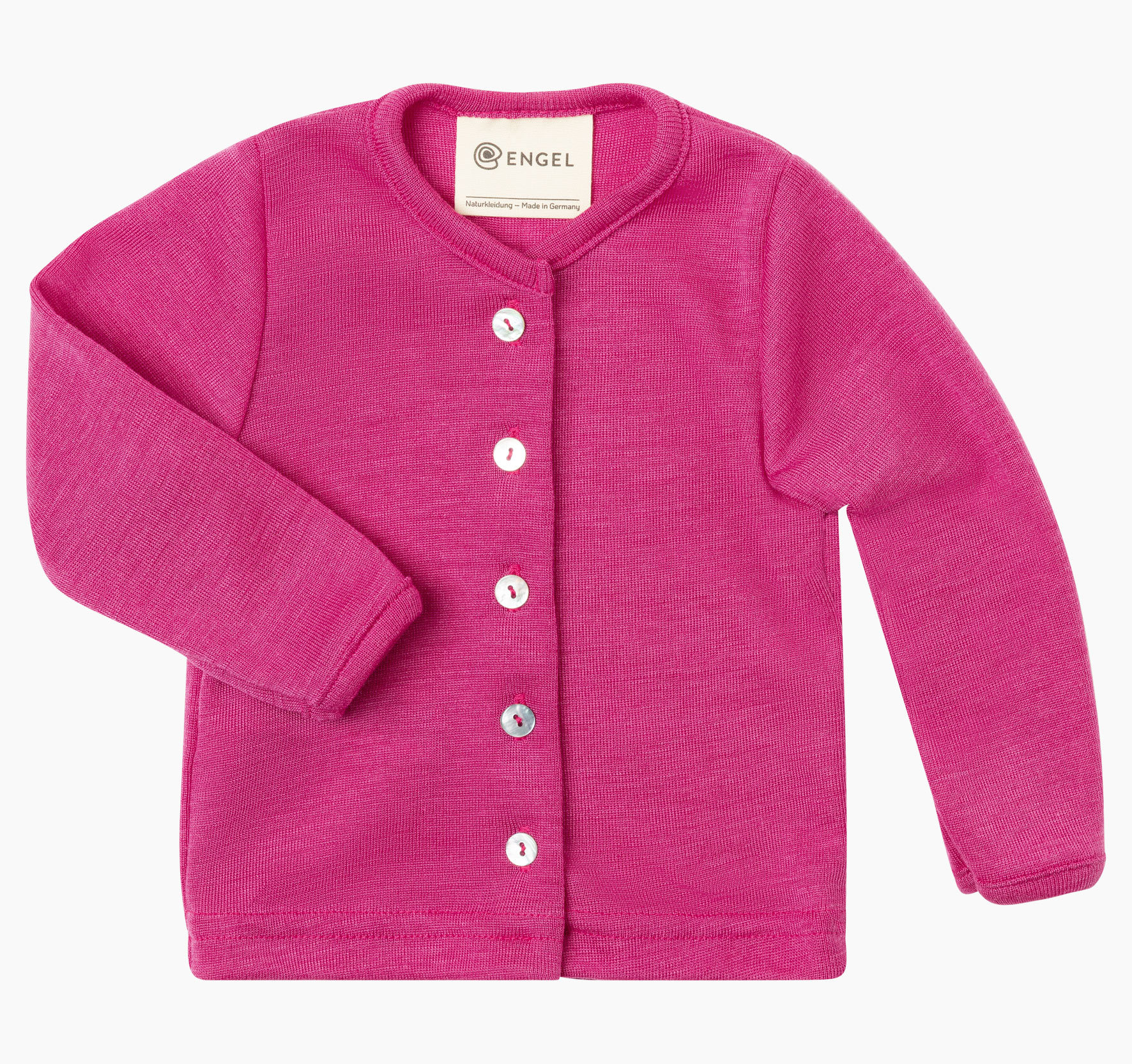 Baby Cardigan aus Schurwolle von Merinowolle mit Perlmuttknopfleiste in der Farbe Himbeere.