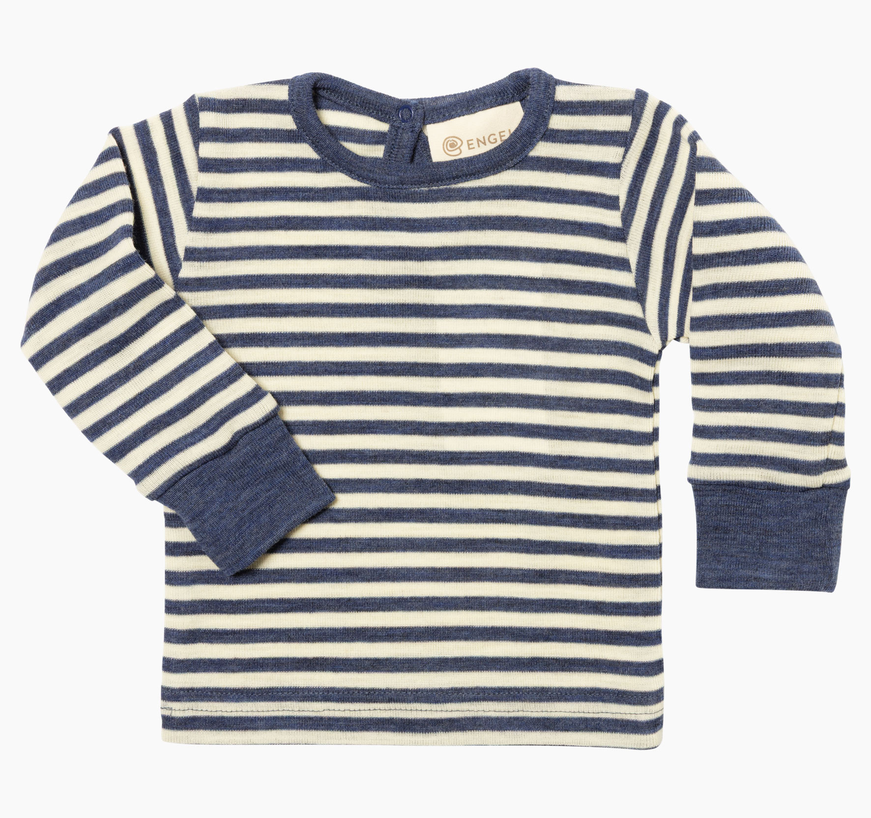 Baby-Langarmshirt aus Bio-Merinowolle gestreift in Blau Melange und Natur von Engel, mit Druckknopfverschluss hinten für einfaches Anziehen