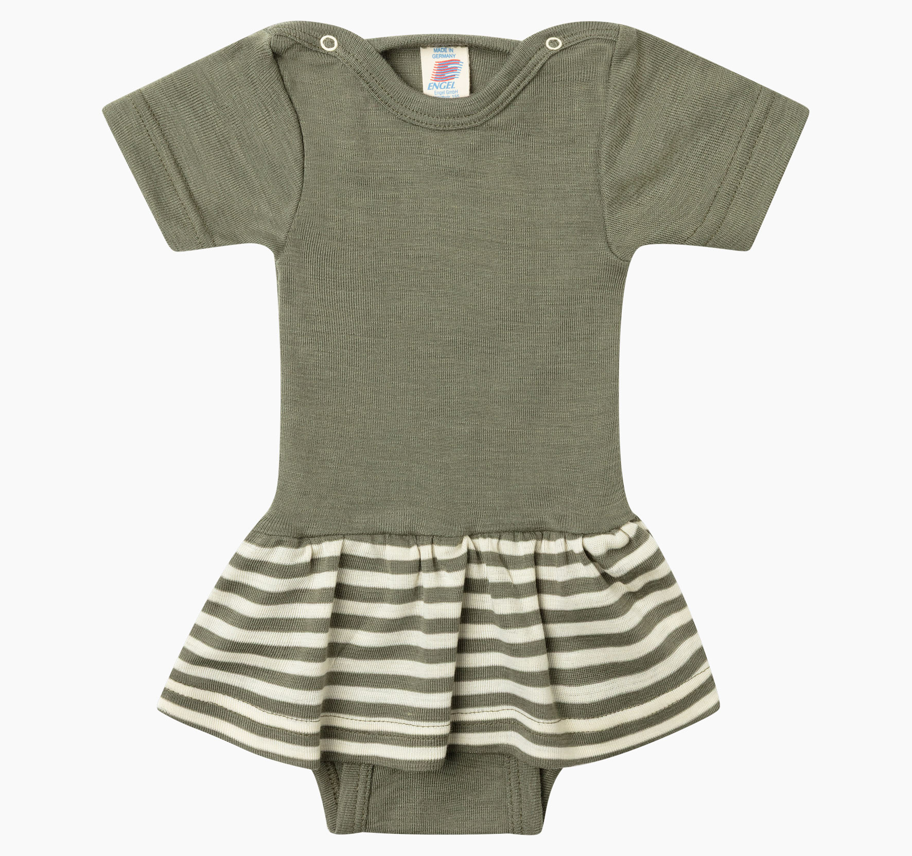 Olivefarbener Baby Body kurzarm mit angesetztem Rock mit olive-braunen Streifen aus Wolle Seide von Engel.