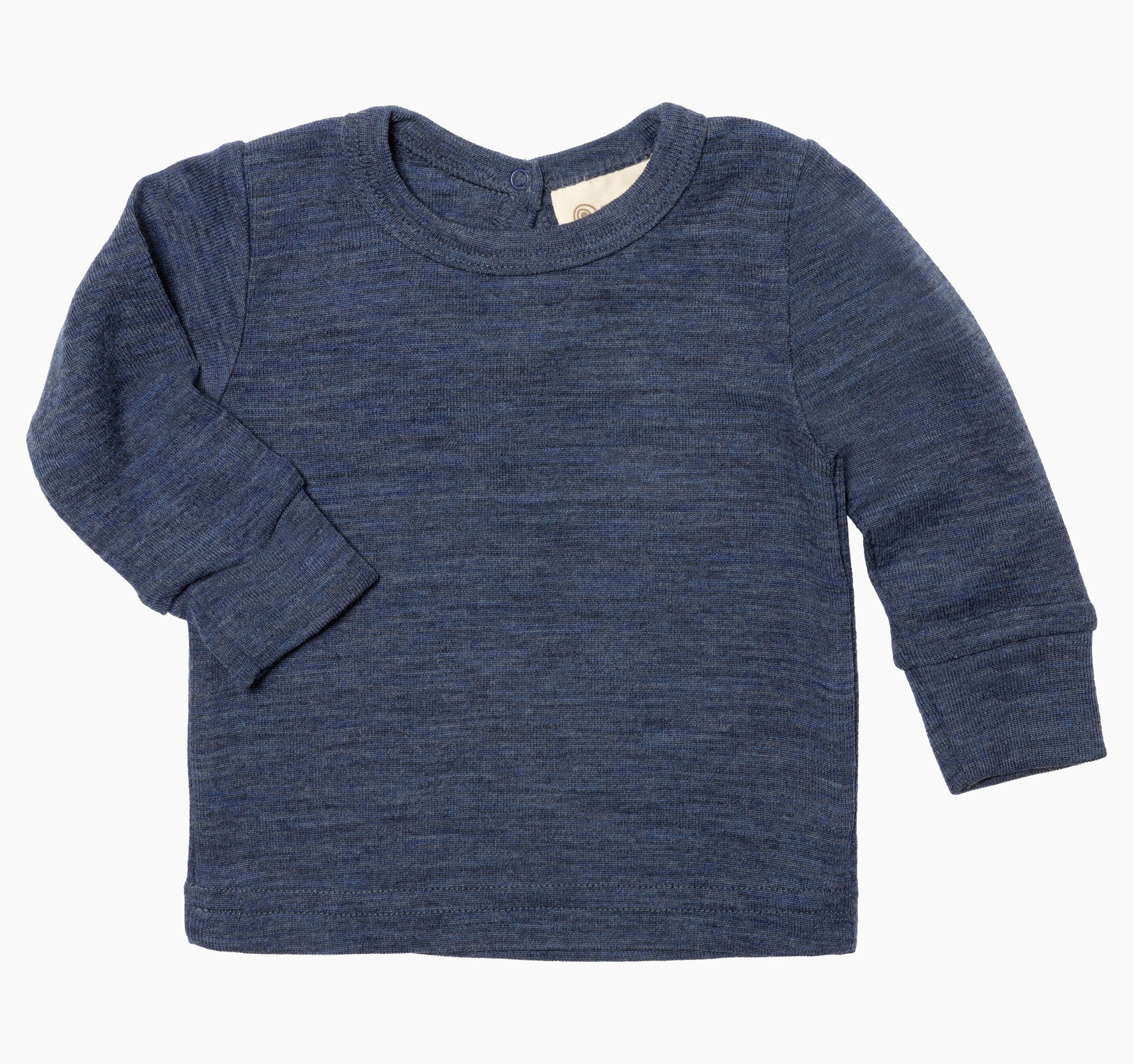 Baby-Langarmshirt aus Bio-Merinowolle in Blau Melange von Engel, mit Druckknopfverschluss hinten für einfaches Anziehen