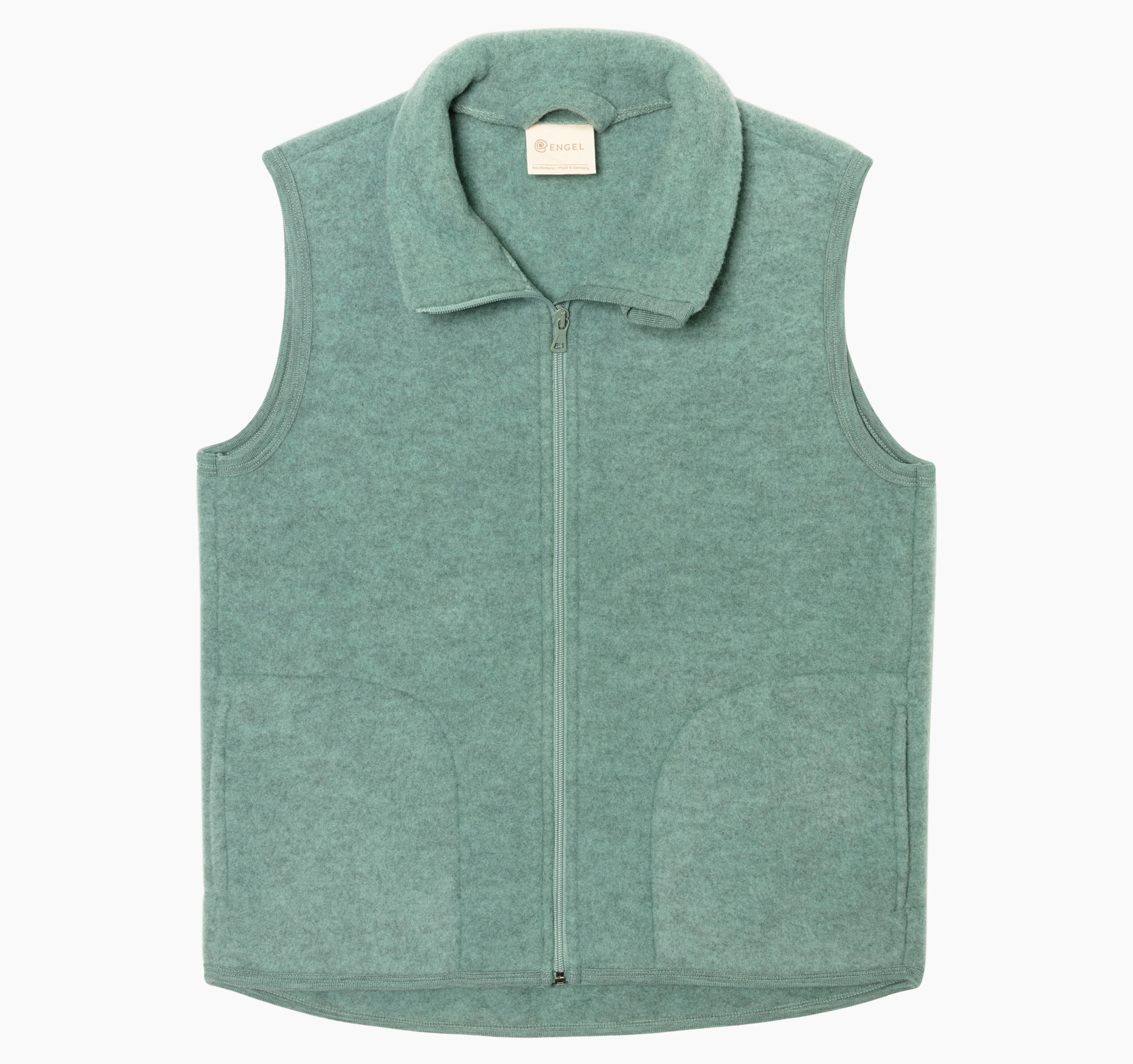 Damenweste aus 100 % Merinowolle von Engel in Jade Melange, Fleece-Material, mit durchgehendem Reißverschluss und zwei Seitentaschen