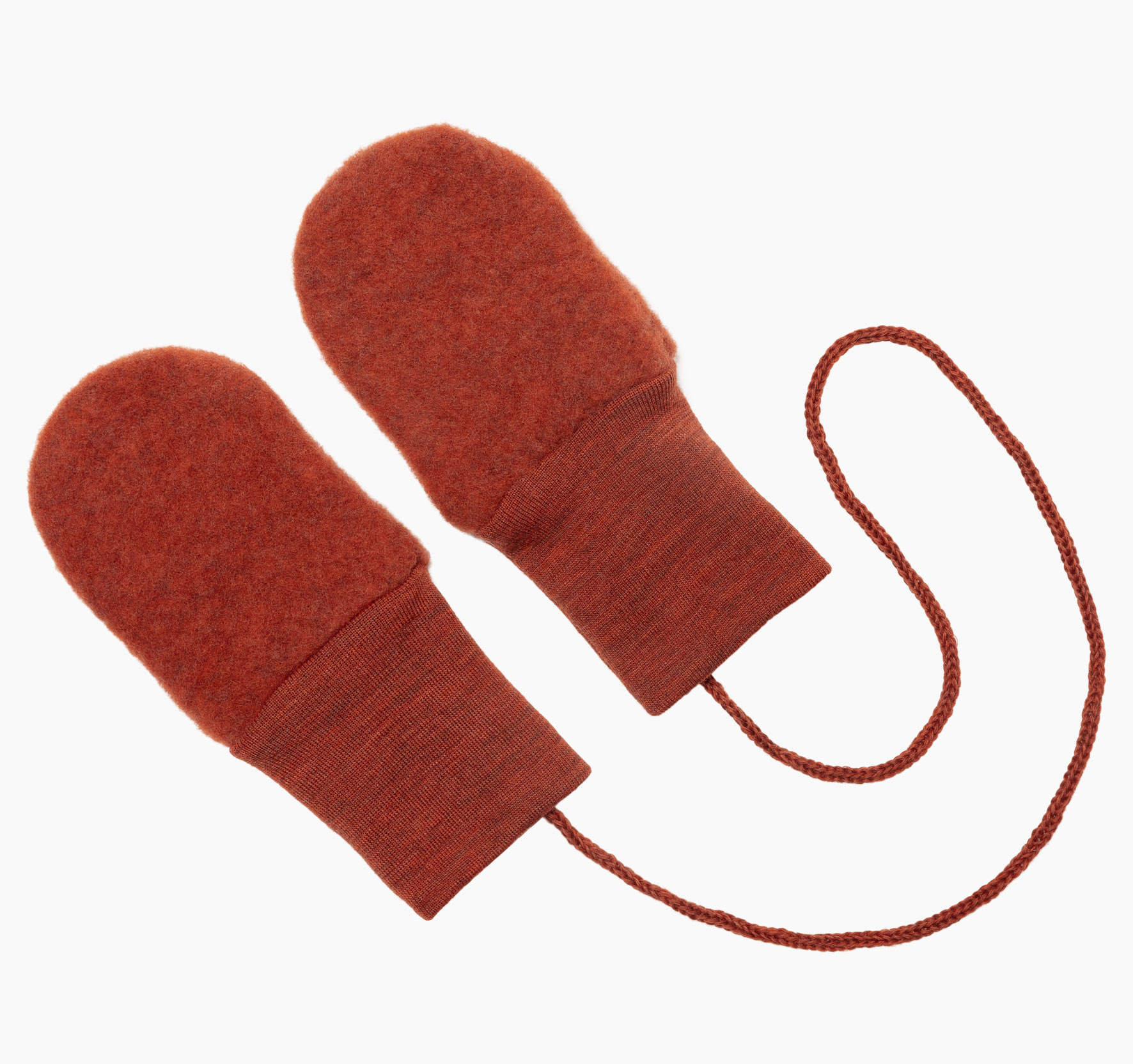 Thumb-free baby mittens made from 100% virgin merino wool in the color jade melange by Engel, connected with a tie string designed to be threaded behind the back and through the sleeves