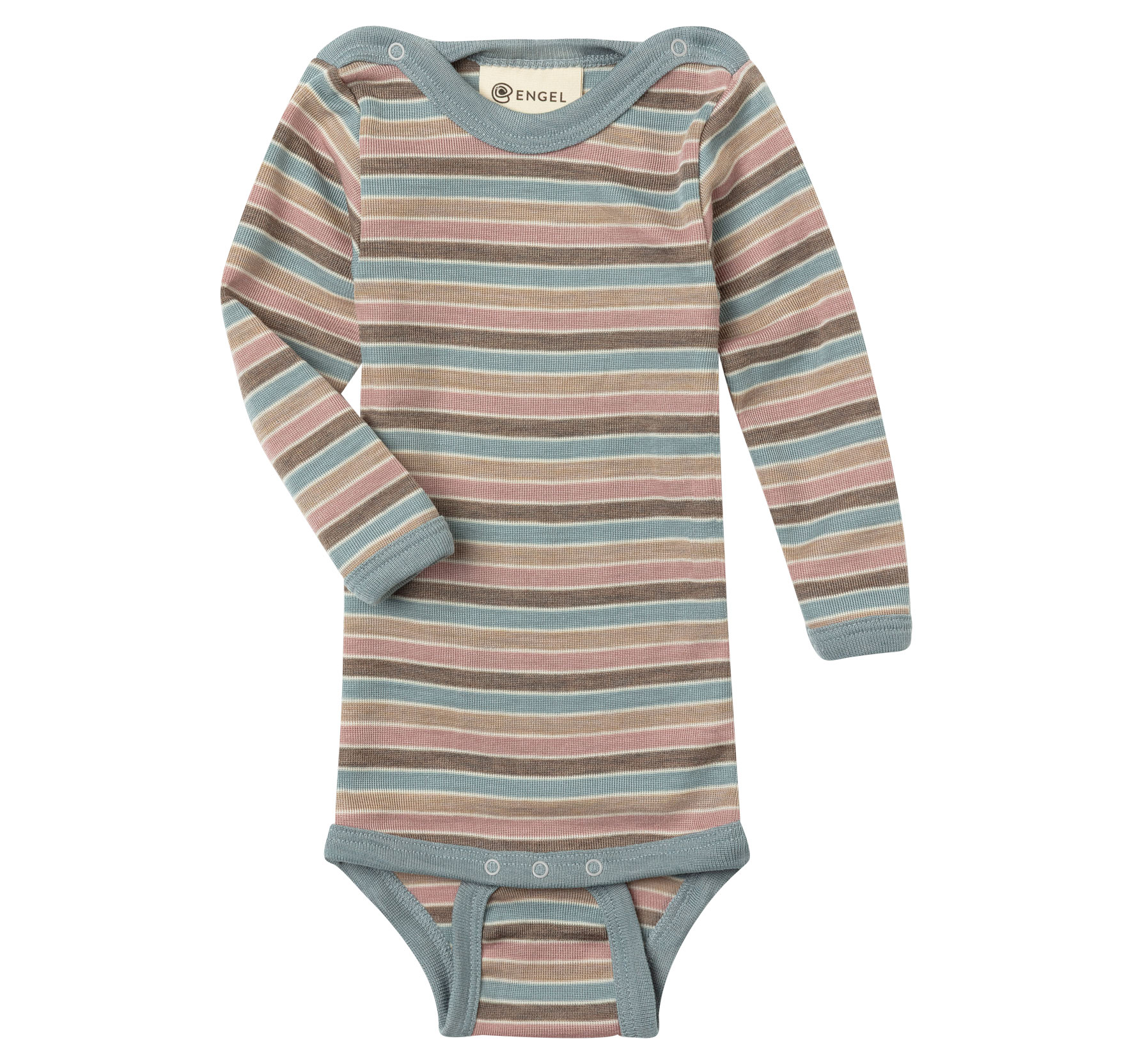 Fine-ribbed long-sleeve baby bodysuit made from virgin merino wool, with snap buttons on the shoulders and a colorful striped pattern.