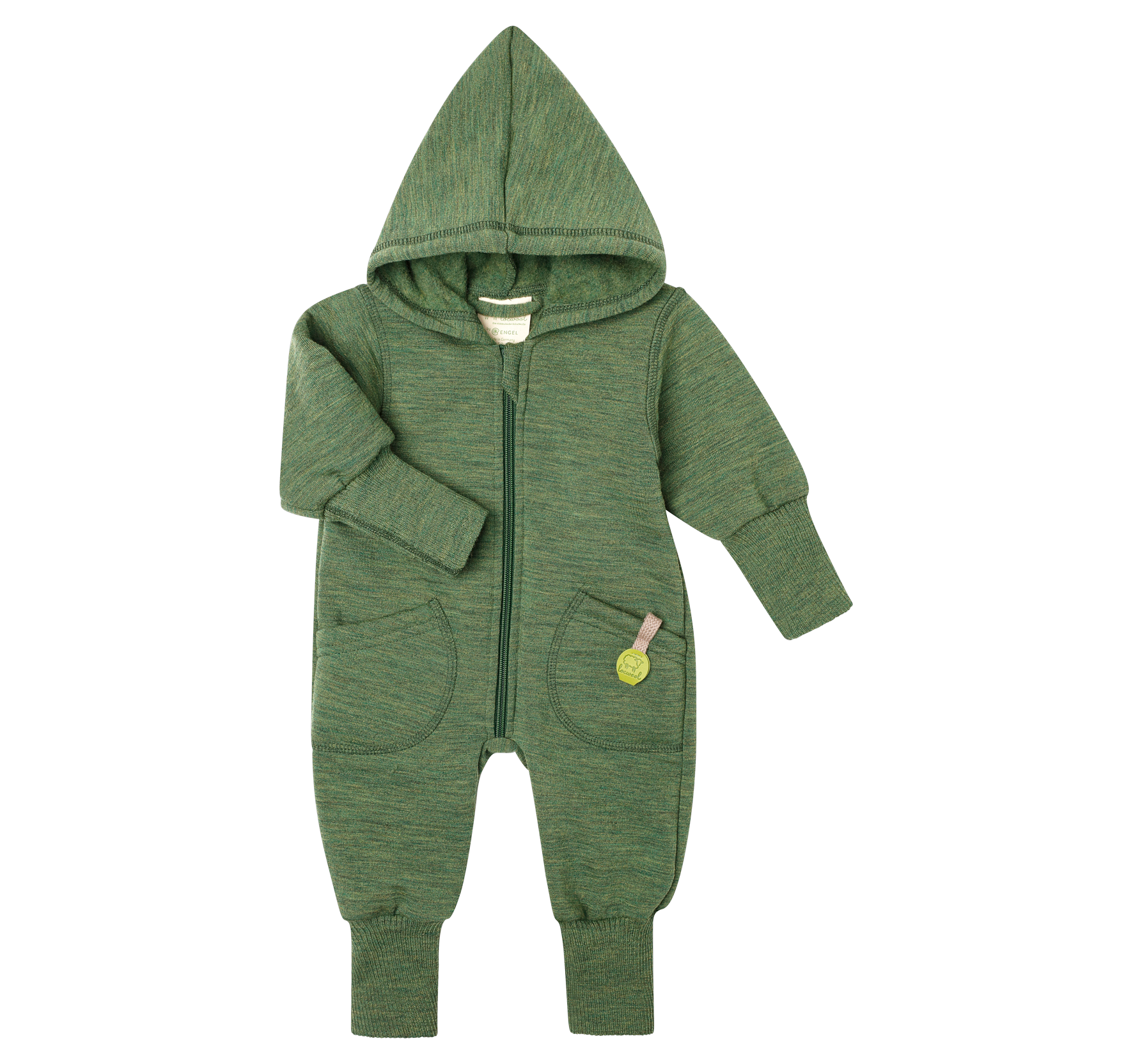 Baby’s wool overall made from South German virgin wool sheep, featuring a pointed hood, foldable ribbed cuffs on the sleeves, and a small logo patch.